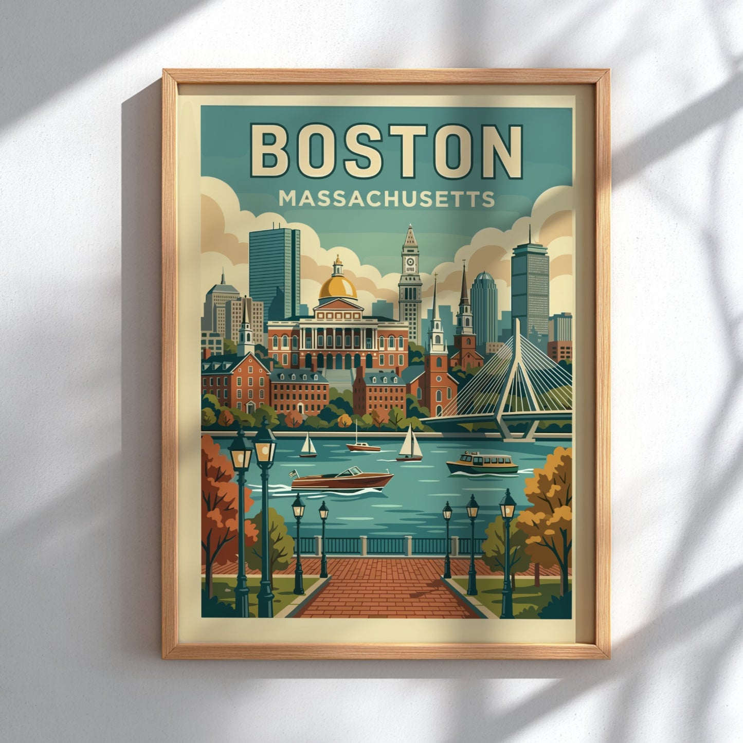 Retro travel poster of the Boston skyline with buildings and river, in a vintage color palette.