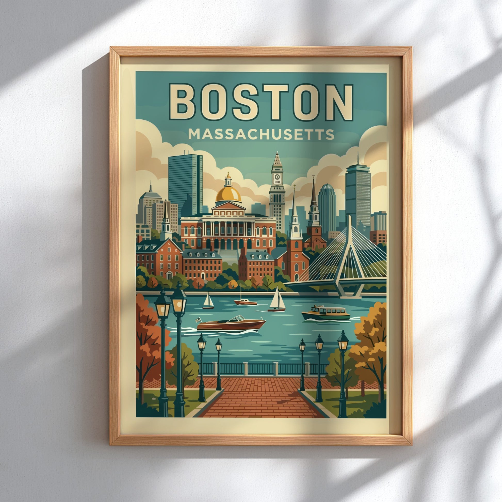 Retro travel poster of the Boston skyline with buildings and river, in a vintage color palette.