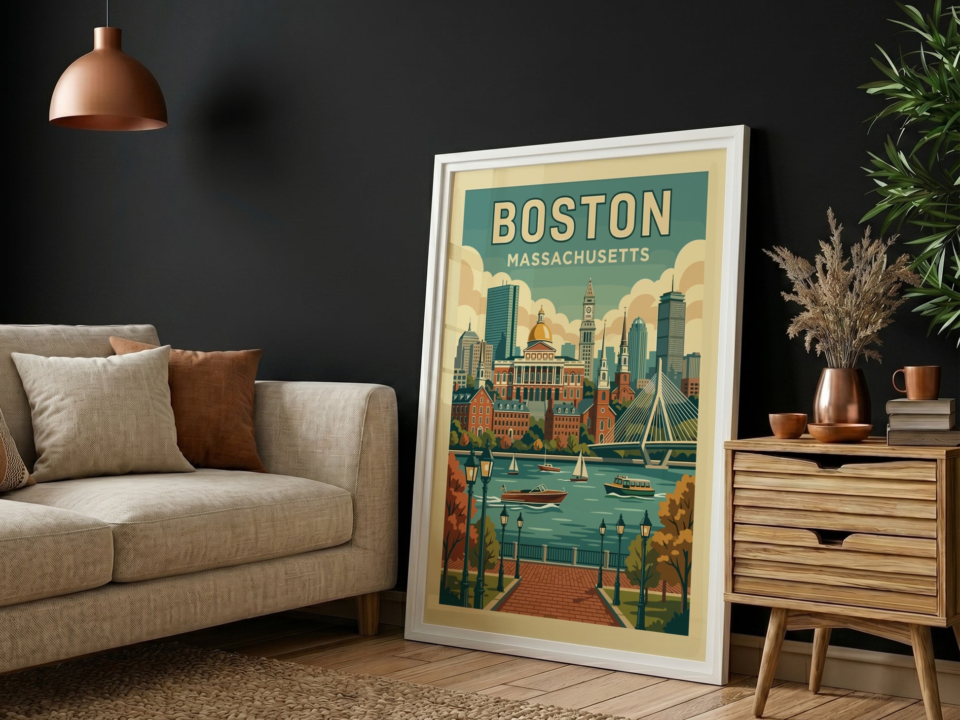 Retro travel poster of the Boston skyline with buildings and river, in a vintage color palette.