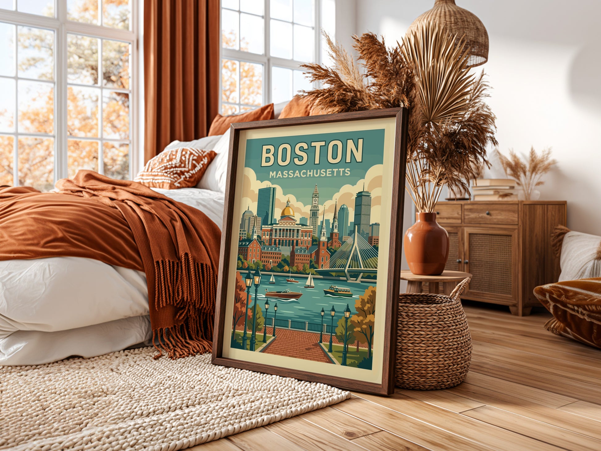 Retro travel poster of the Boston skyline with buildings and river, in a vintage color palette.