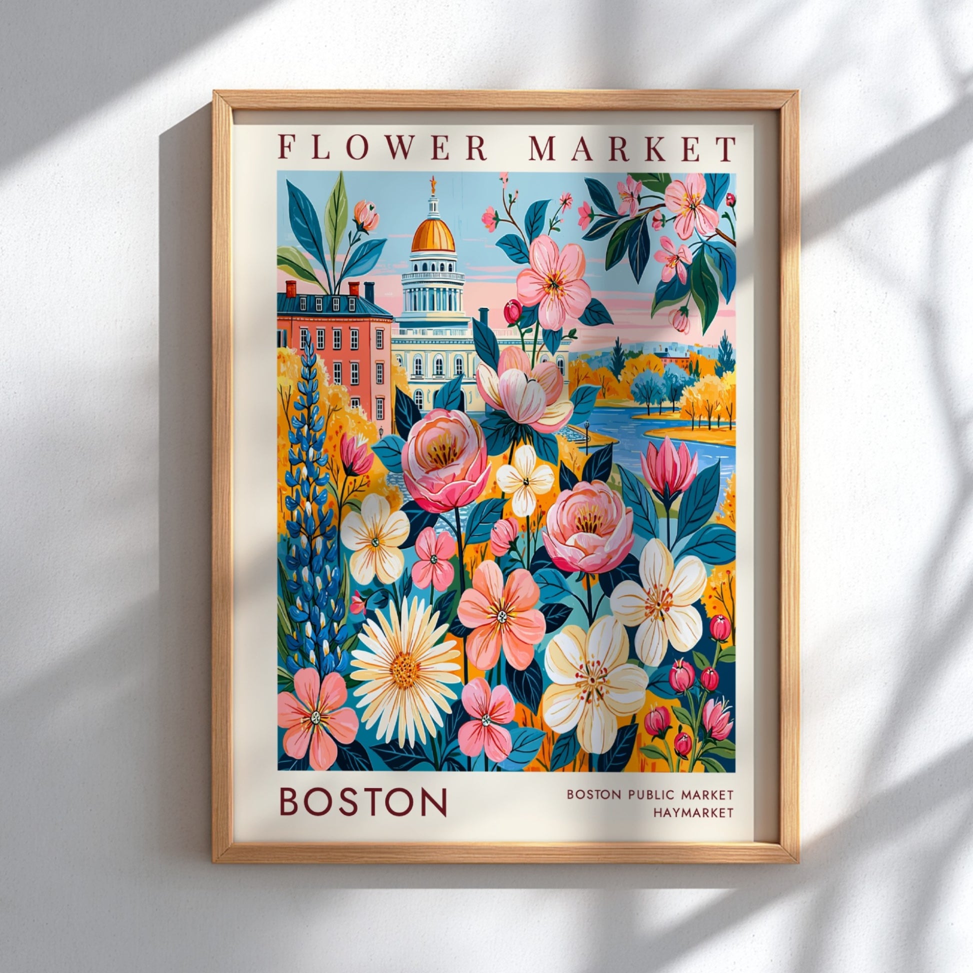 Flower market poster featuring vibrant blossoms and Boston cityscape in bright colors