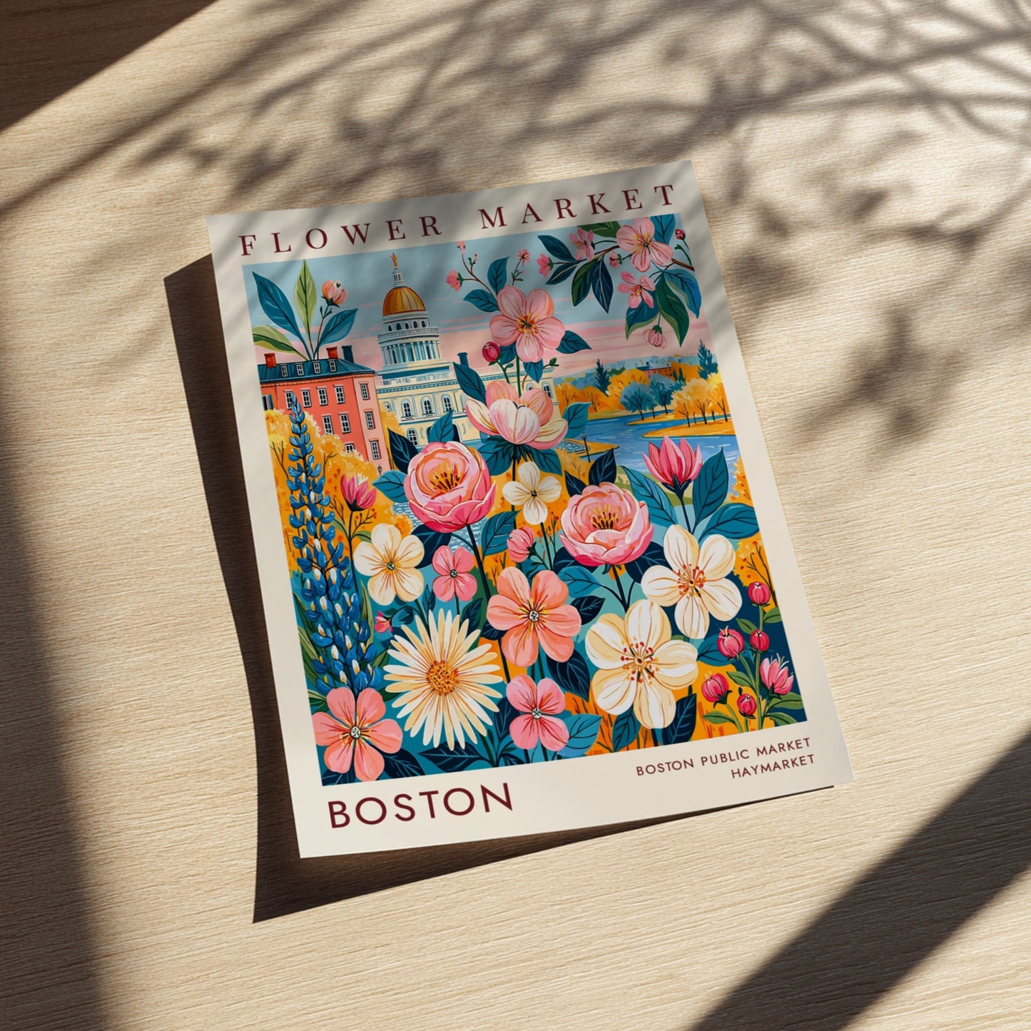 Flower market poster featuring vibrant blossoms and Boston cityscape in bright colors