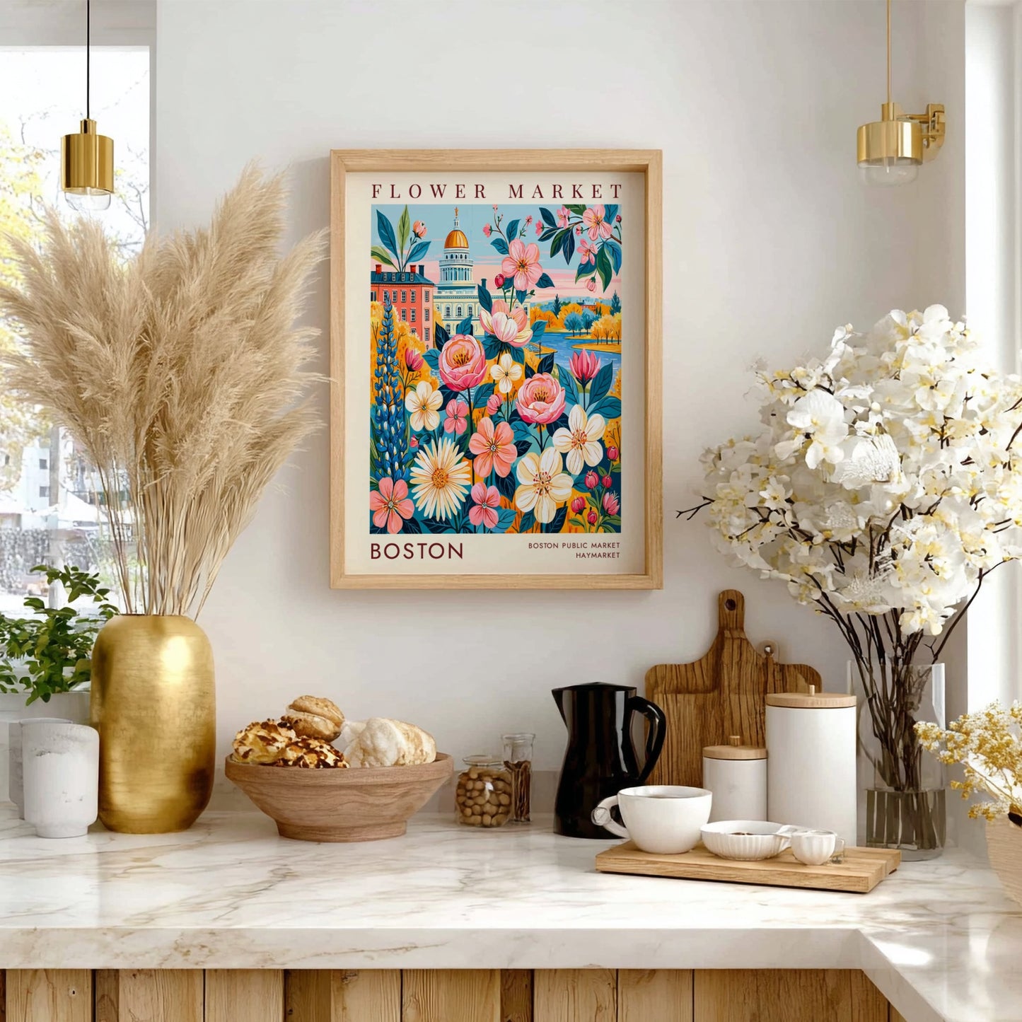 Flower market poster featuring vibrant blossoms and Boston cityscape in bright colors