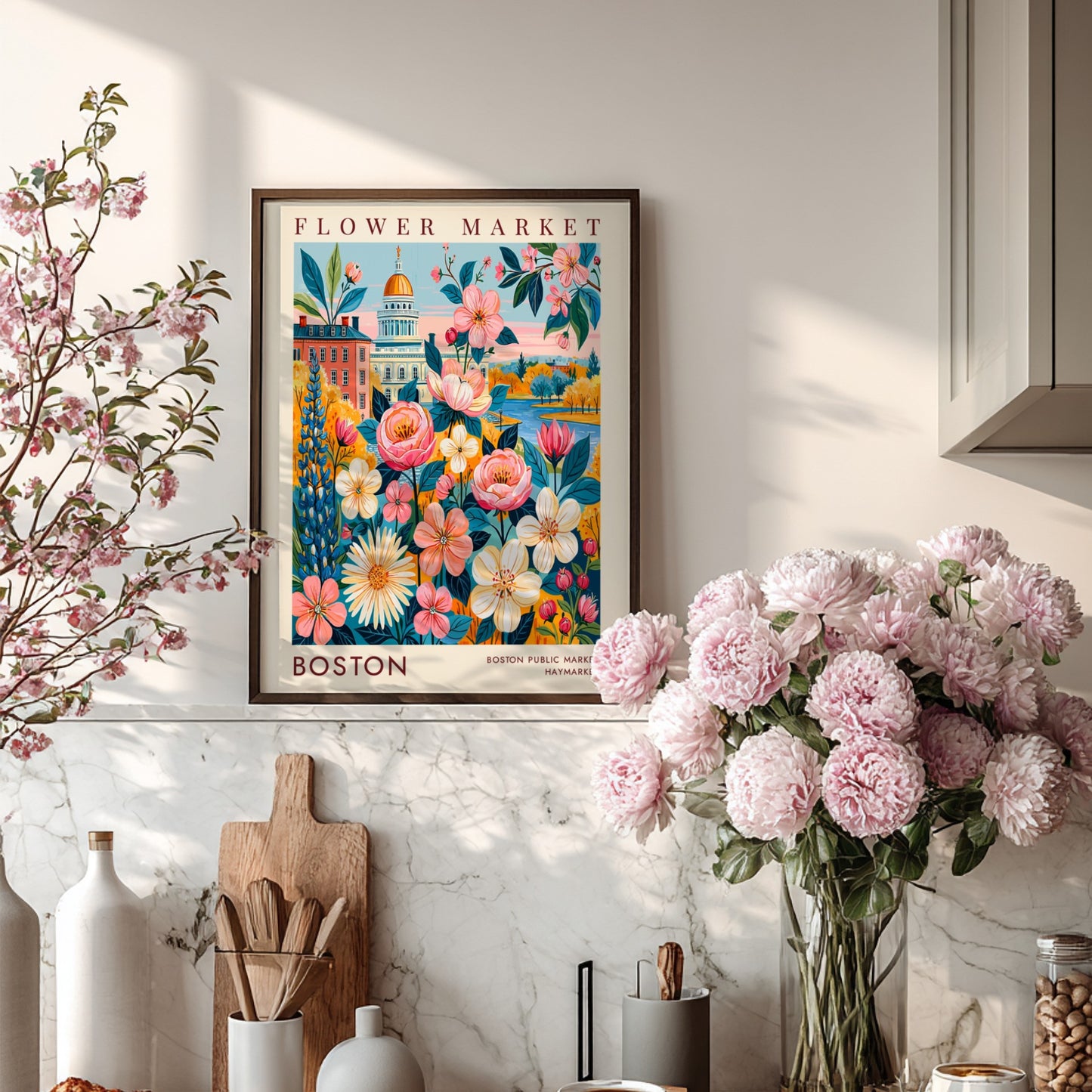 Flower market poster featuring vibrant blossoms and Boston cityscape in bright colors
