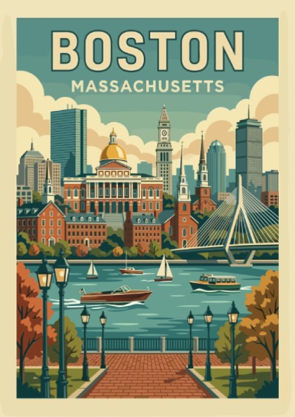 Retro travel poster of the Boston skyline with buildings and river, in a vintage color palette.
