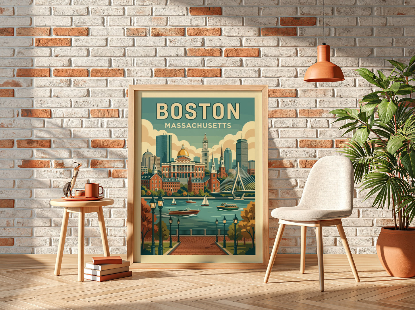 Retro travel poster of the Boston skyline with buildings and river, in a vintage color palette.