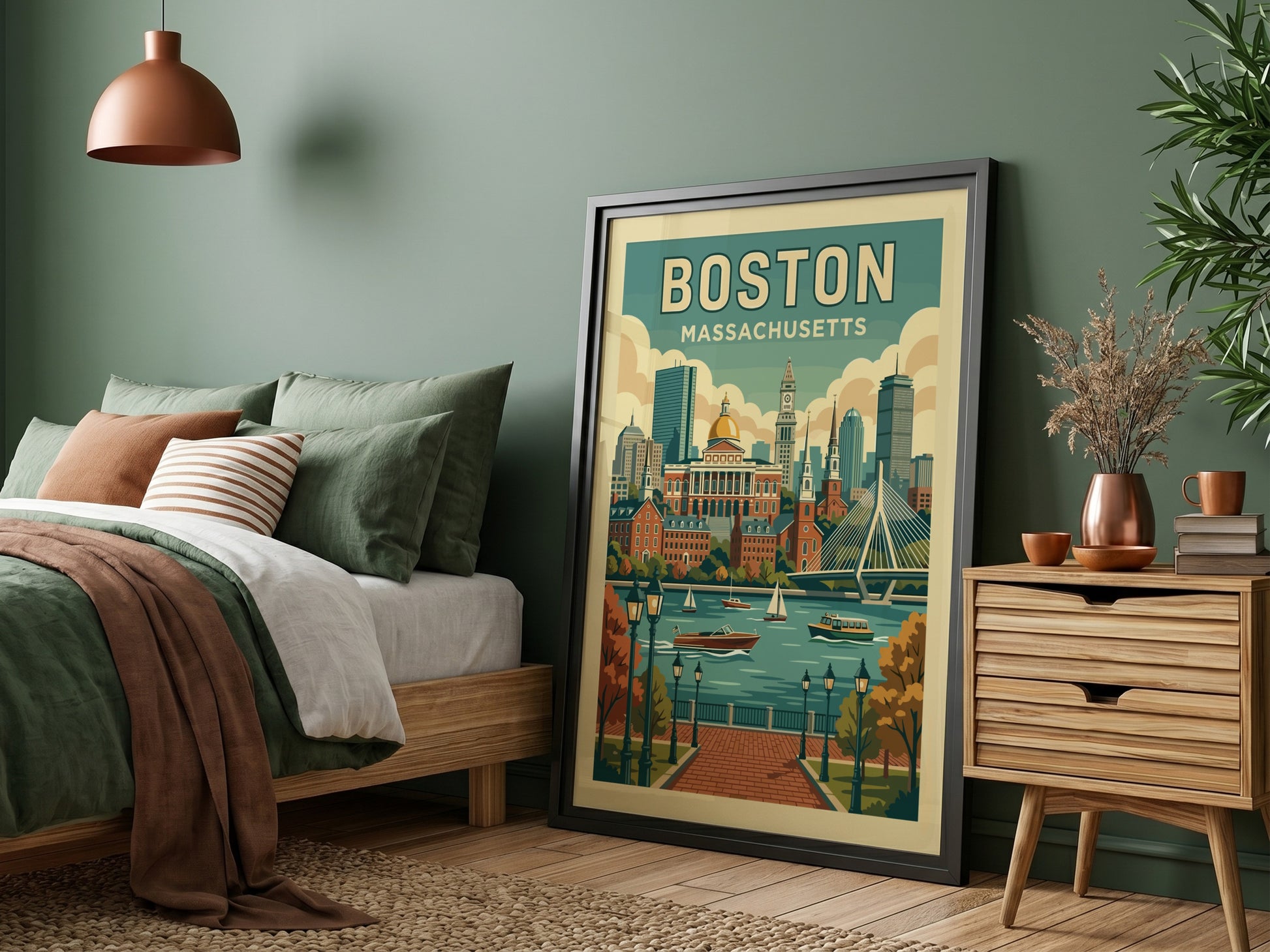 Retro travel poster of the Boston skyline with buildings and river, in a vintage color palette.