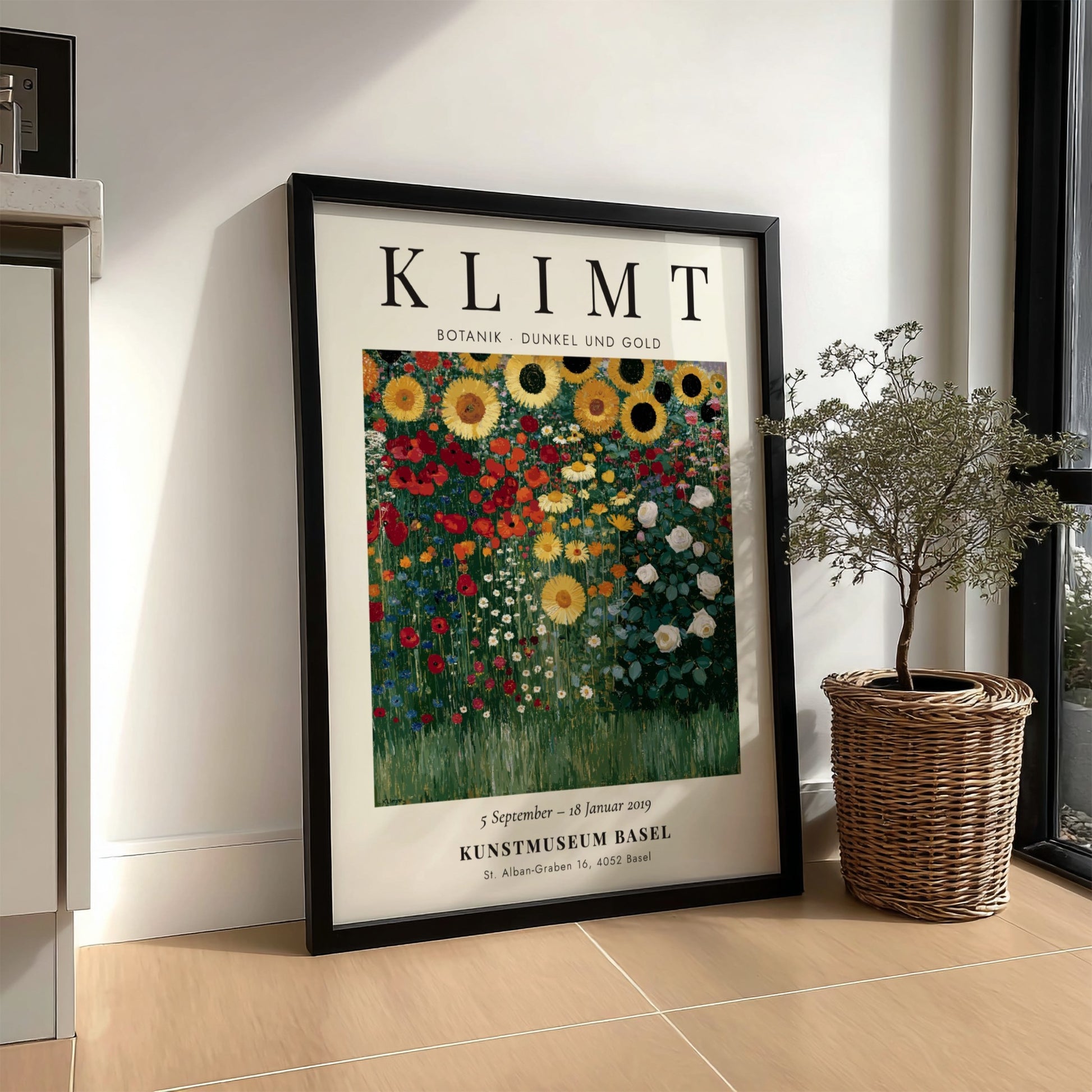 Botanical poster featuring vibrant sunflowers and greenery inspired by Gustav Klimt's style