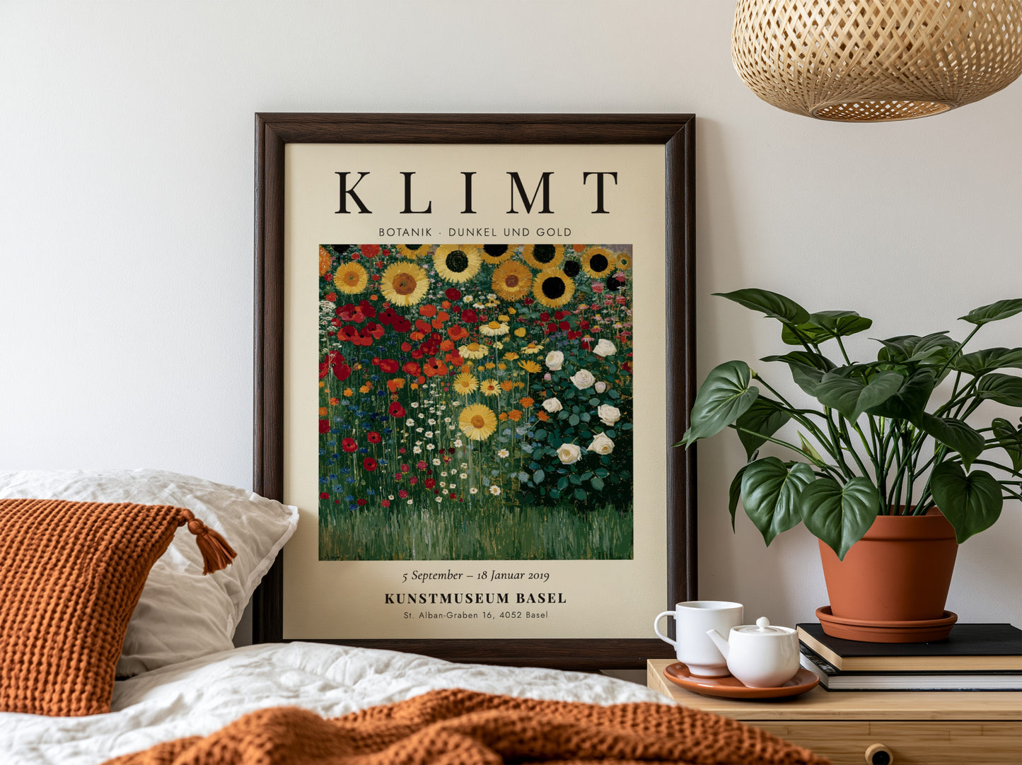 Botanical poster featuring vibrant sunflowers and greenery inspired by Gustav Klimt's style