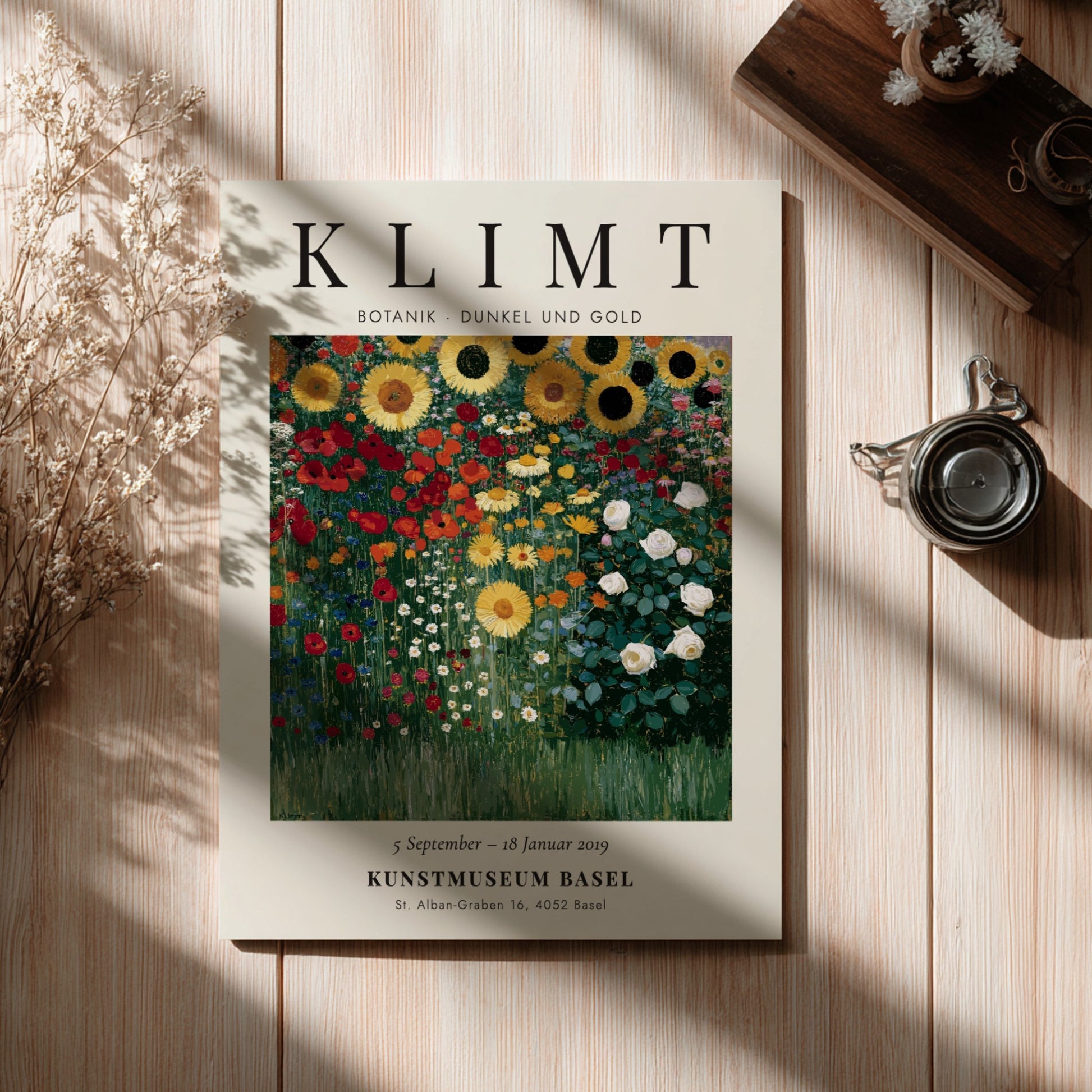 Botanical poster featuring vibrant sunflowers and greenery inspired by Gustav Klimt's style