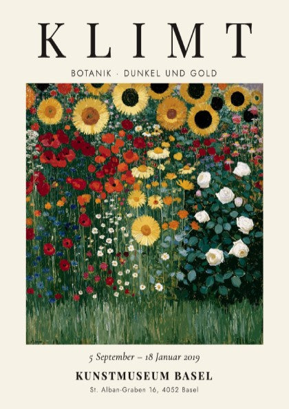 Botanical poster featuring vibrant sunflowers and greenery inspired by Gustav Klimt's style