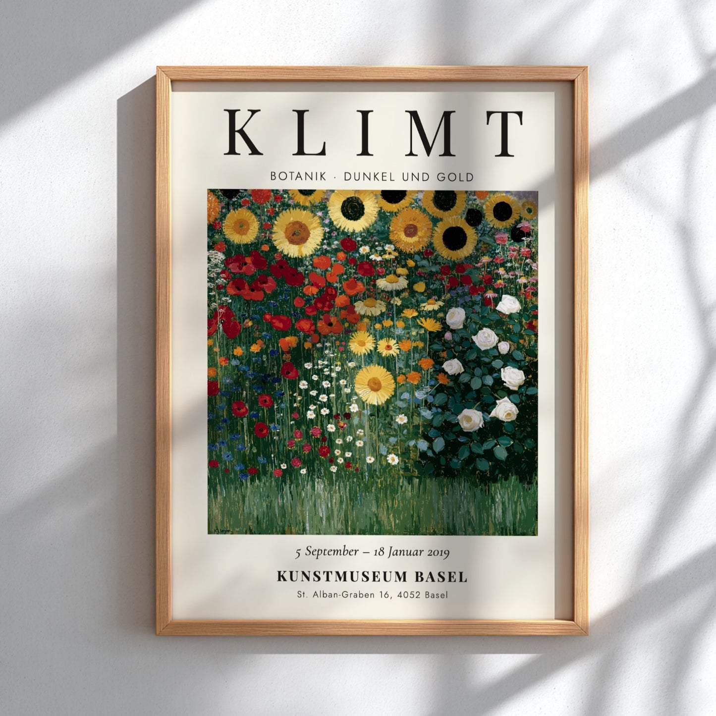 Botanical poster featuring vibrant sunflowers and greenery inspired by Gustav Klimt's style