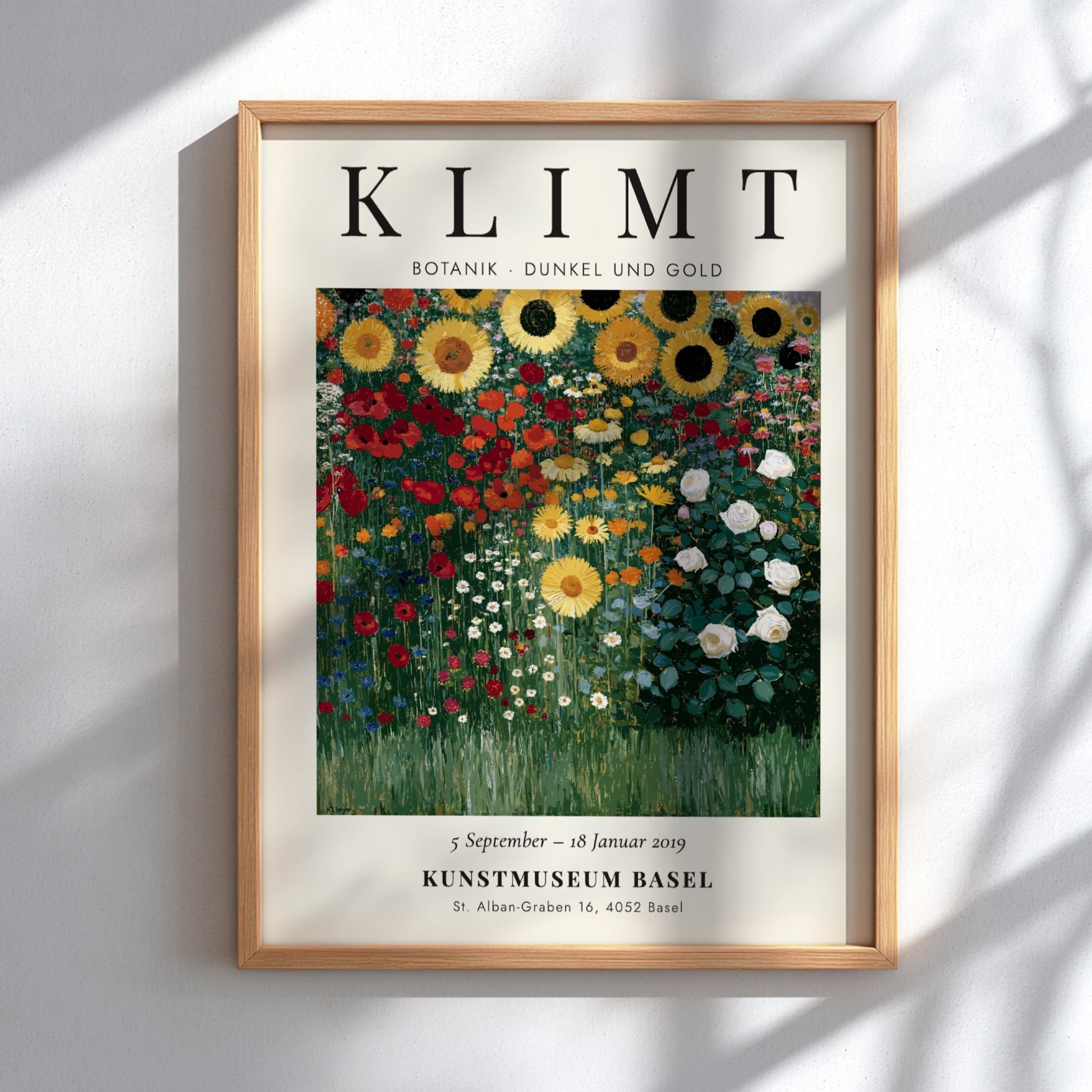 Botanical poster featuring vibrant sunflowers and greenery inspired by Gustav Klimt's style