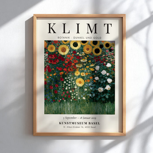 Botanical poster featuring vibrant sunflowers and greenery inspired by Gustav Klimt's style