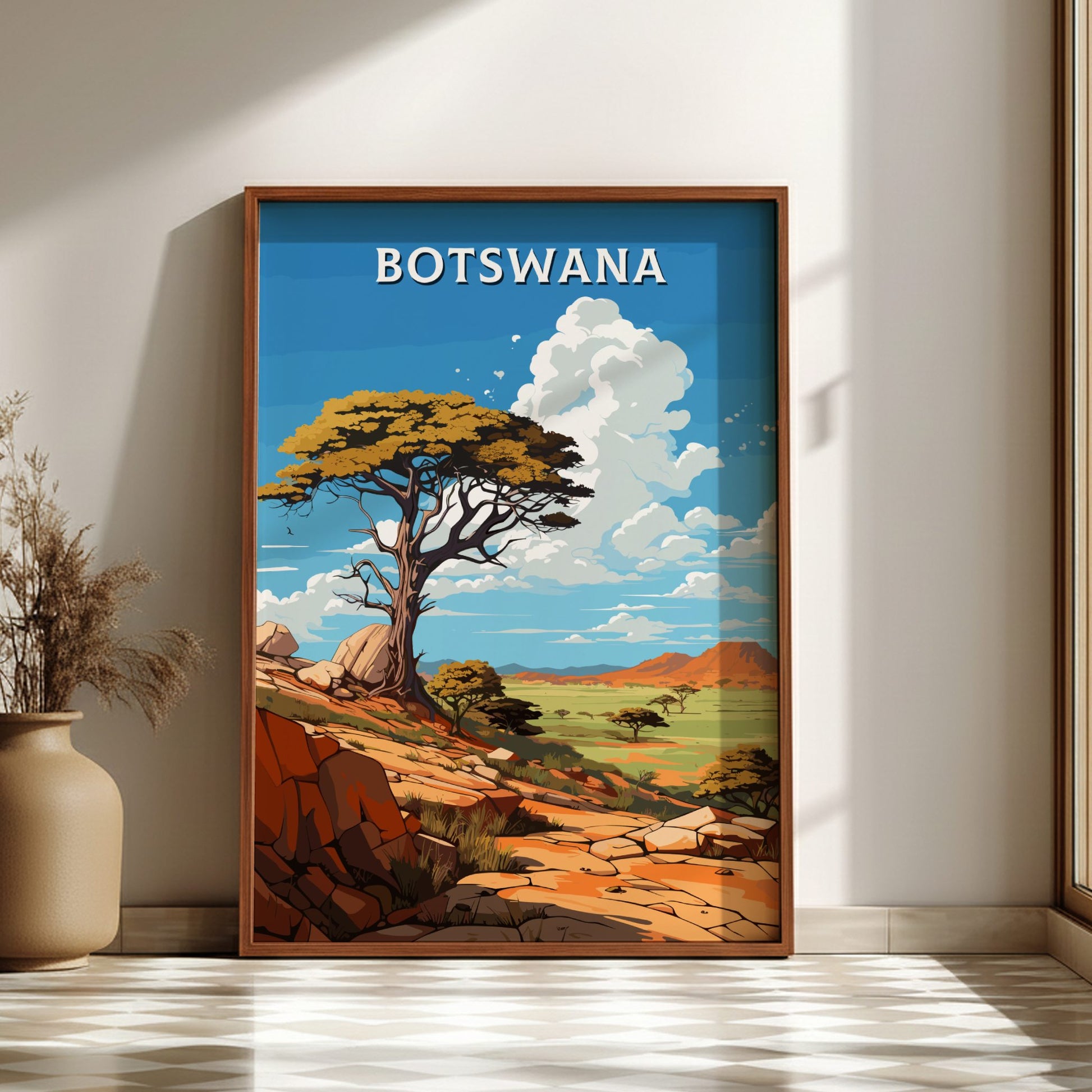 Framed artwork of Botswana landscape with tree and sky.