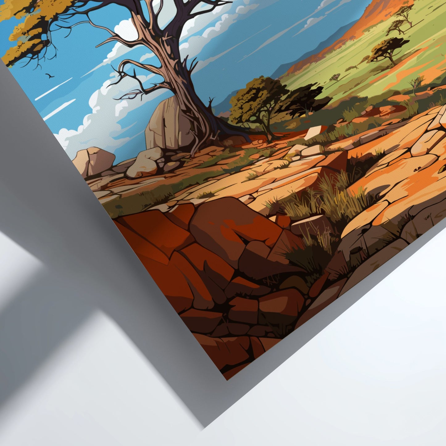 Illustration of a rocky landscape with trees and a clear sky