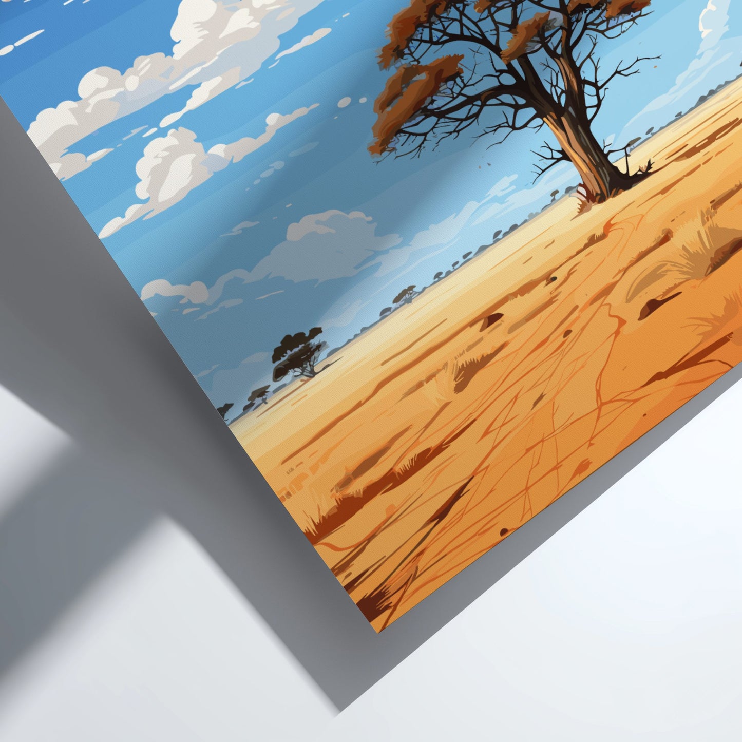 Surreal landscape with a tree on sandy terrain and a blue sky.
