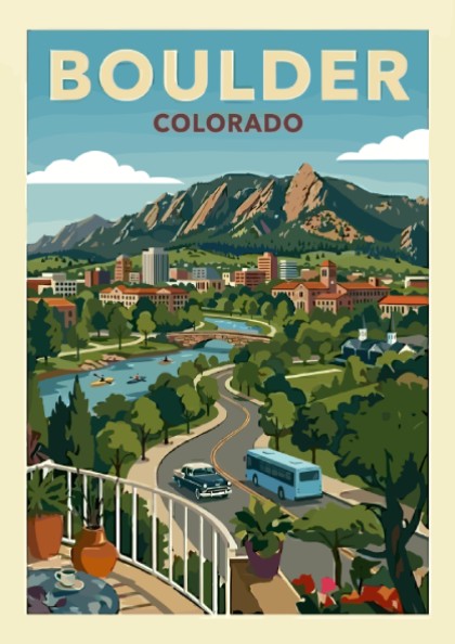 Vintage travel poster of Boulder, Colorado skyline with Flatirons mountains and a river.