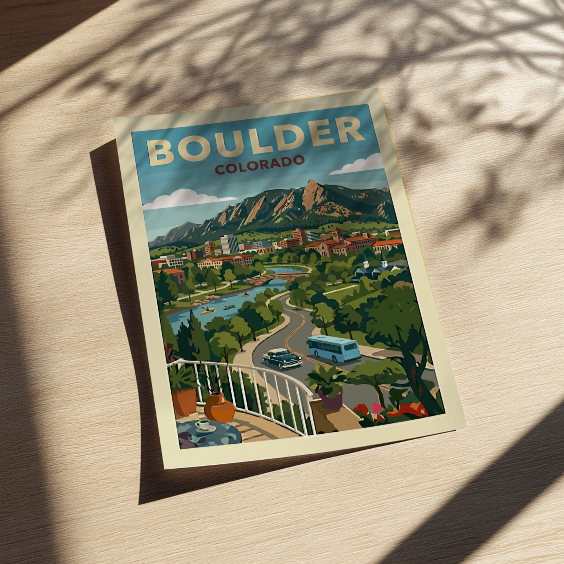Vintage travel poster of Boulder, Colorado skyline with Flatirons mountains and a river.