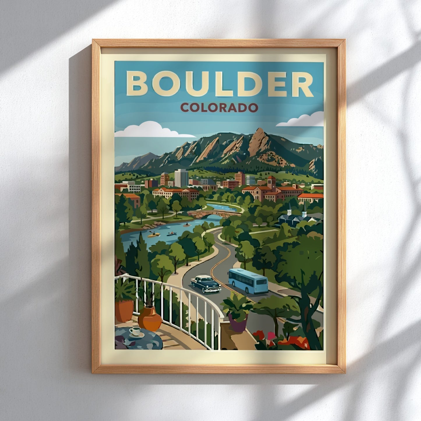 Vintage travel poster of Boulder, Colorado skyline with Flatirons mountains and a river.