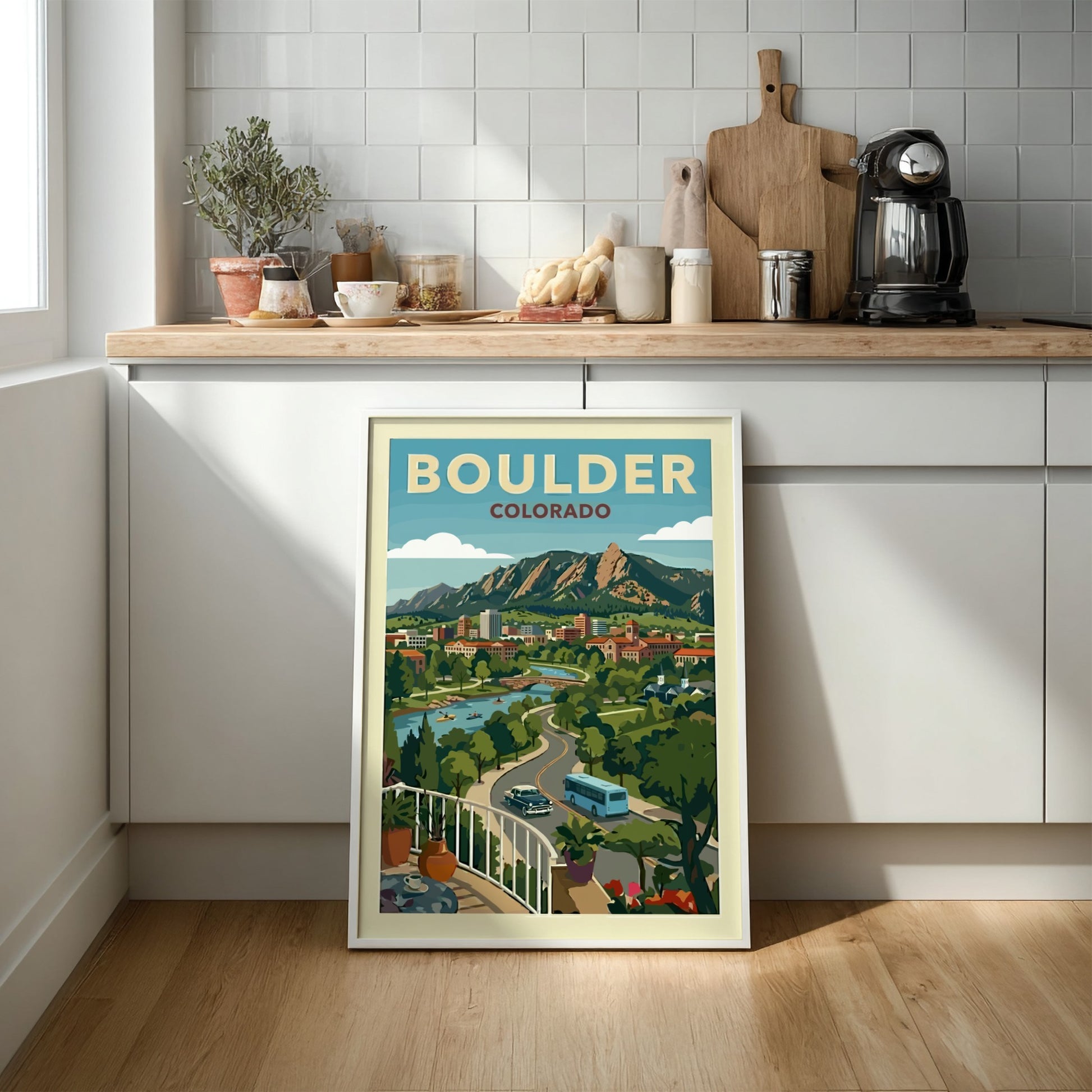 Vintage travel poster of Boulder, Colorado skyline with Flatirons mountains and a river.