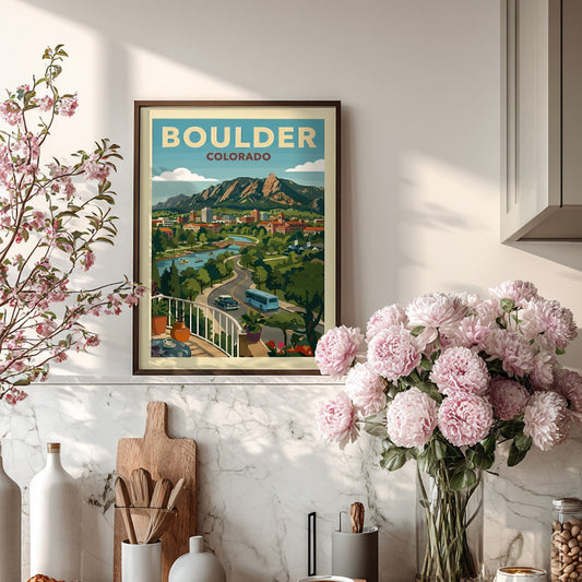 Vintage travel poster of Boulder, Colorado skyline with Flatirons mountains and a river.