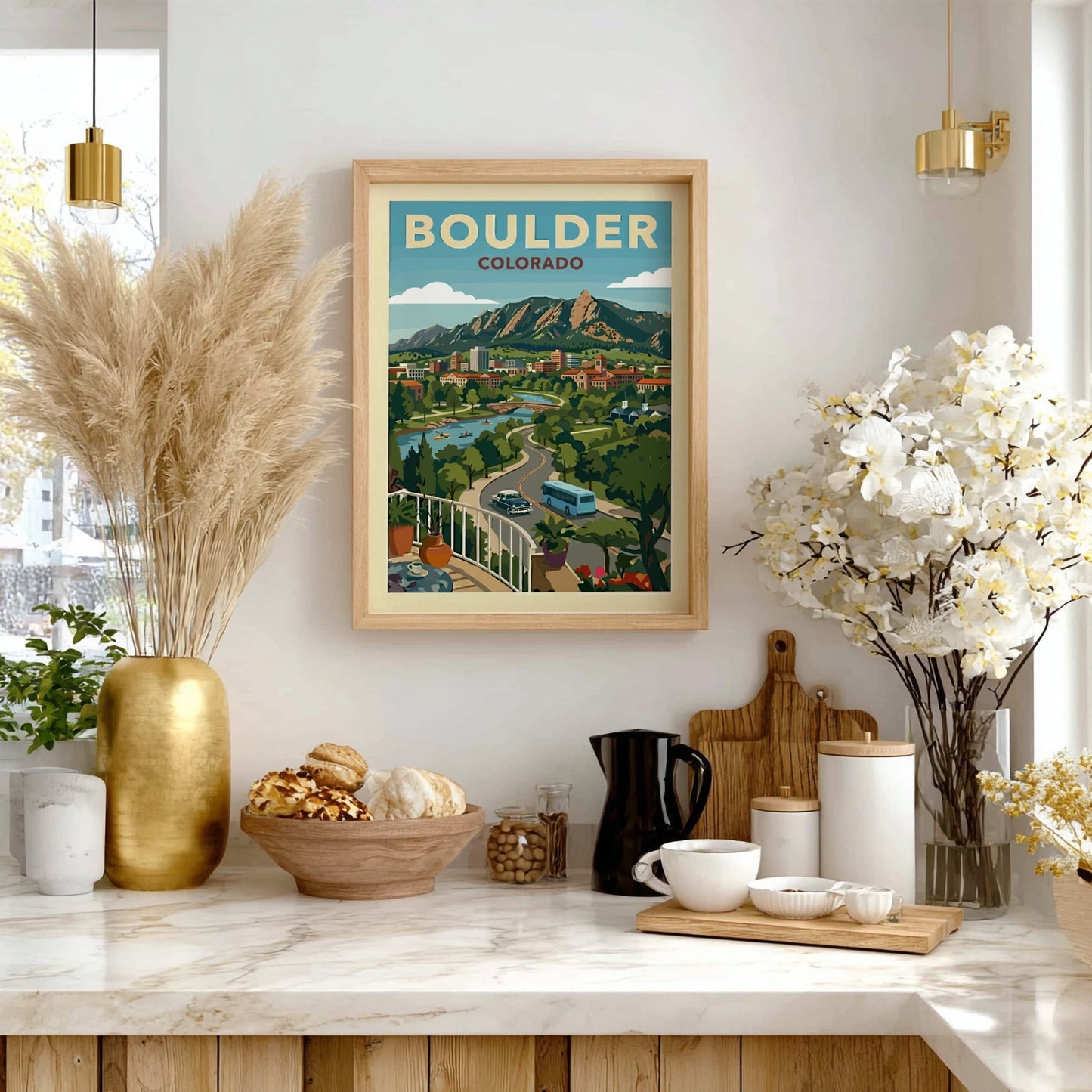 Vintage travel poster of Boulder, Colorado skyline with Flatirons mountains and a river.