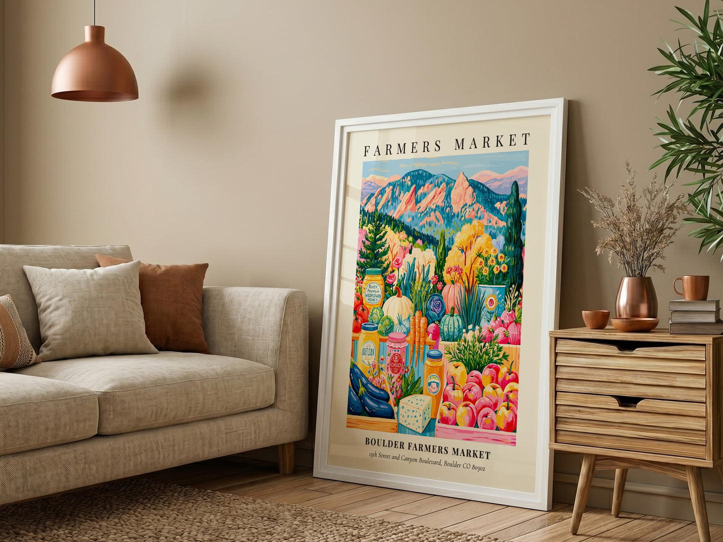 Boulder Farmers Market poster featuring colorful produce and flowers in a vibrant style