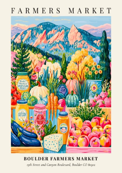 Boulder Farmers Market poster featuring colorful produce and flowers in a vibrant style