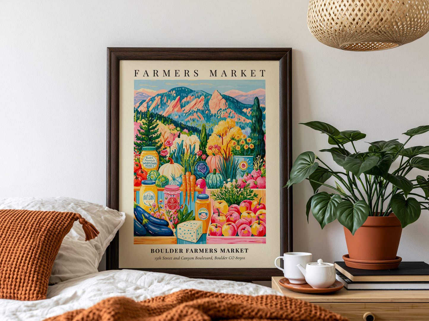 Boulder Farmers Market poster featuring colorful produce and flowers in a vibrant style