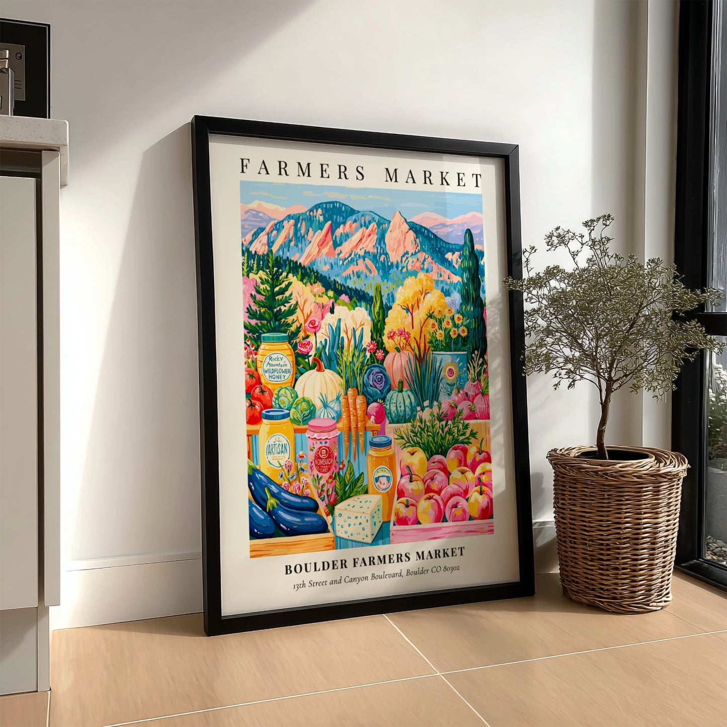 Boulder Farmers Market poster featuring colorful produce and flowers in a vibrant style