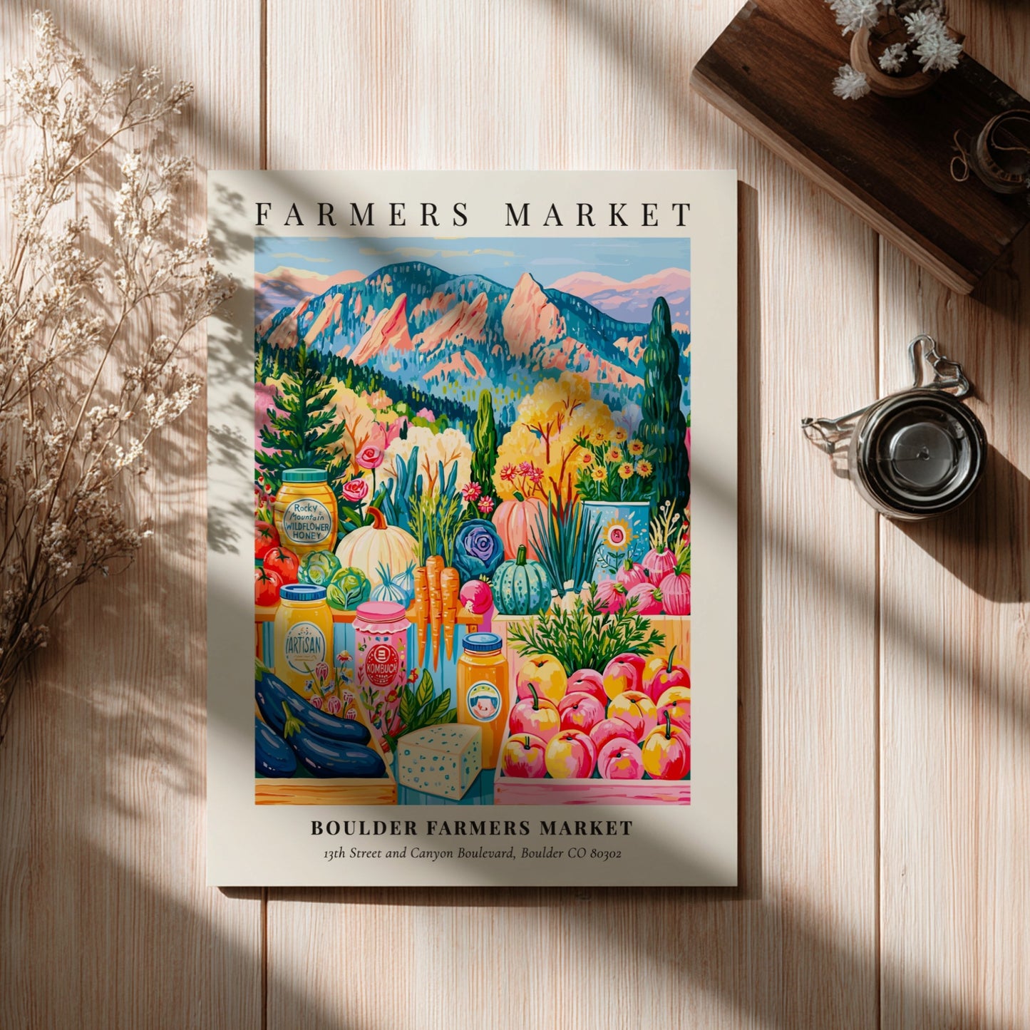 Boulder Farmers Market poster featuring colorful produce and flowers in a vibrant style