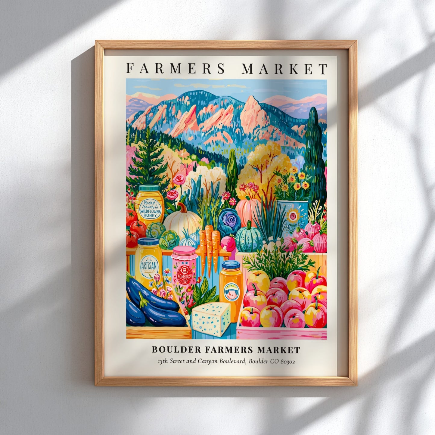 Boulder Farmers Market poster featuring colorful produce and flowers in a vibrant style