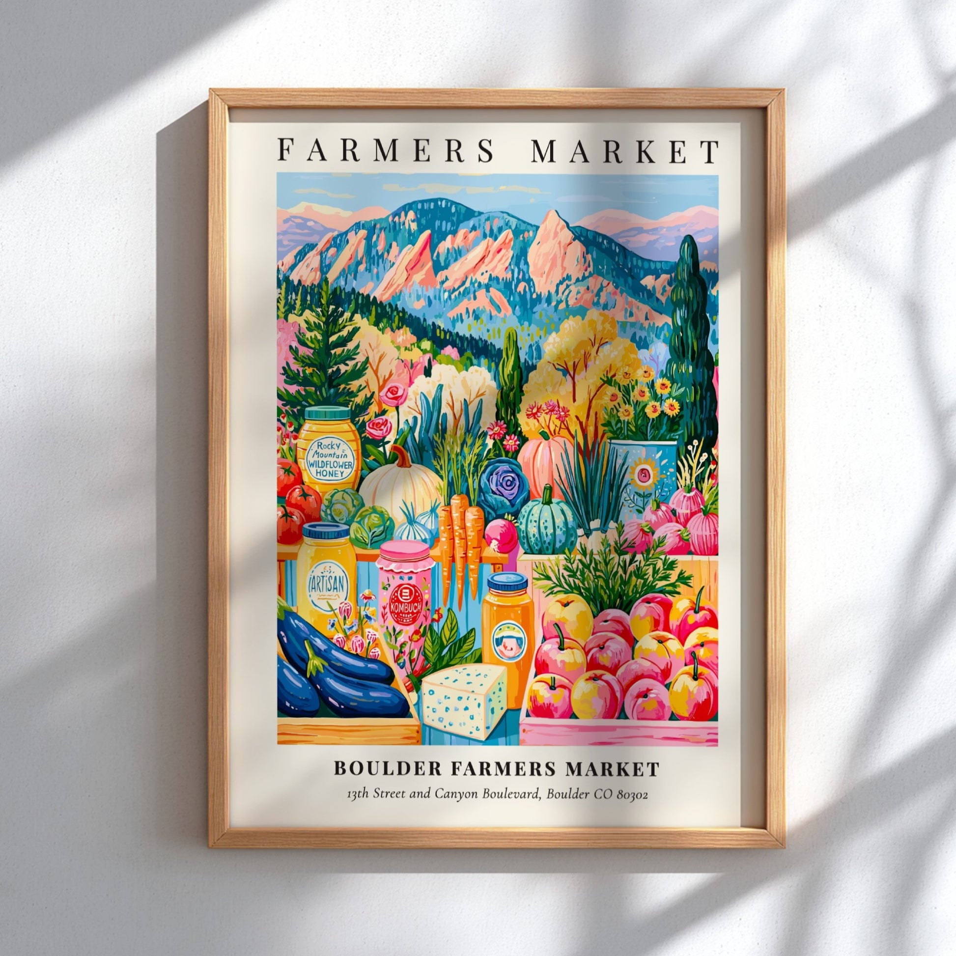 Boulder Farmers Market poster featuring colorful produce and flowers in a vibrant style