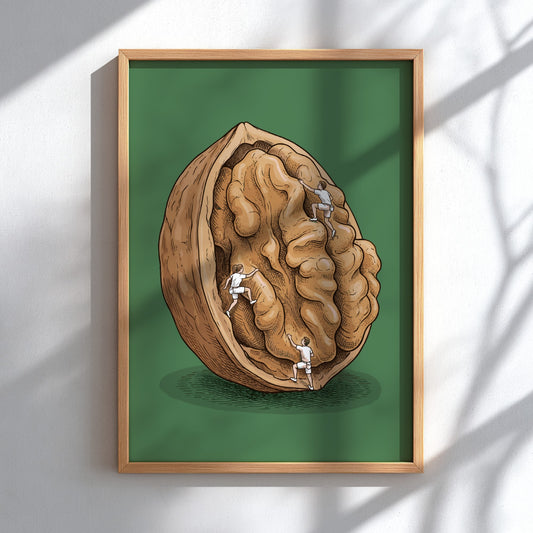 Poster featuring three tiny climbers scaling the textured surface of a large walnut shell.