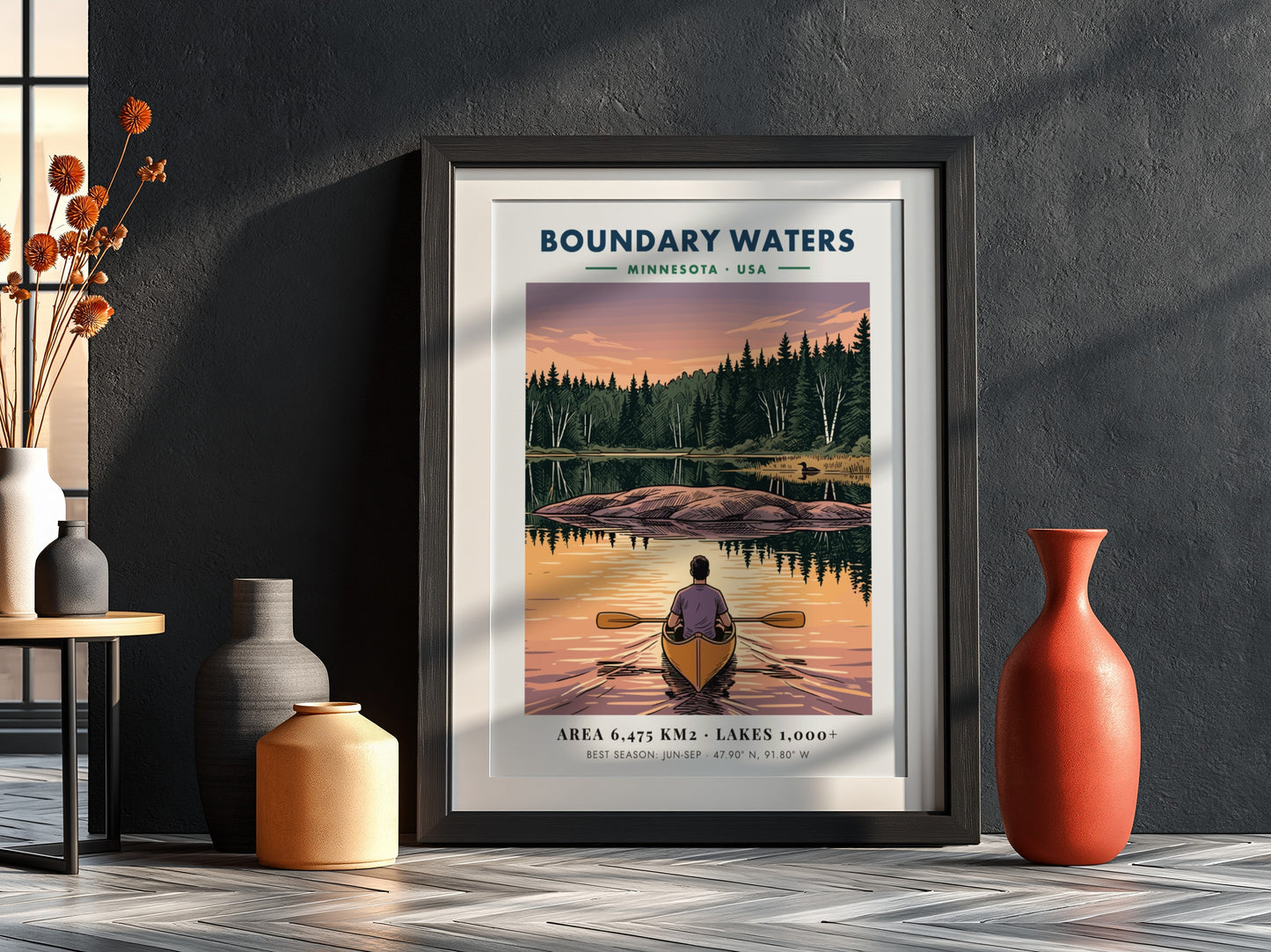 Poster of a lone kayaker paddling toward an island on Boundary Waters Minnesota lake.
