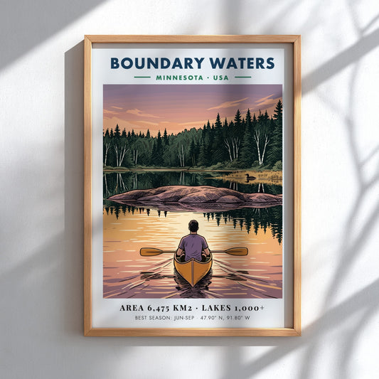 Poster of a lone kayaker paddling toward an island on Boundary Waters Minnesota lake.