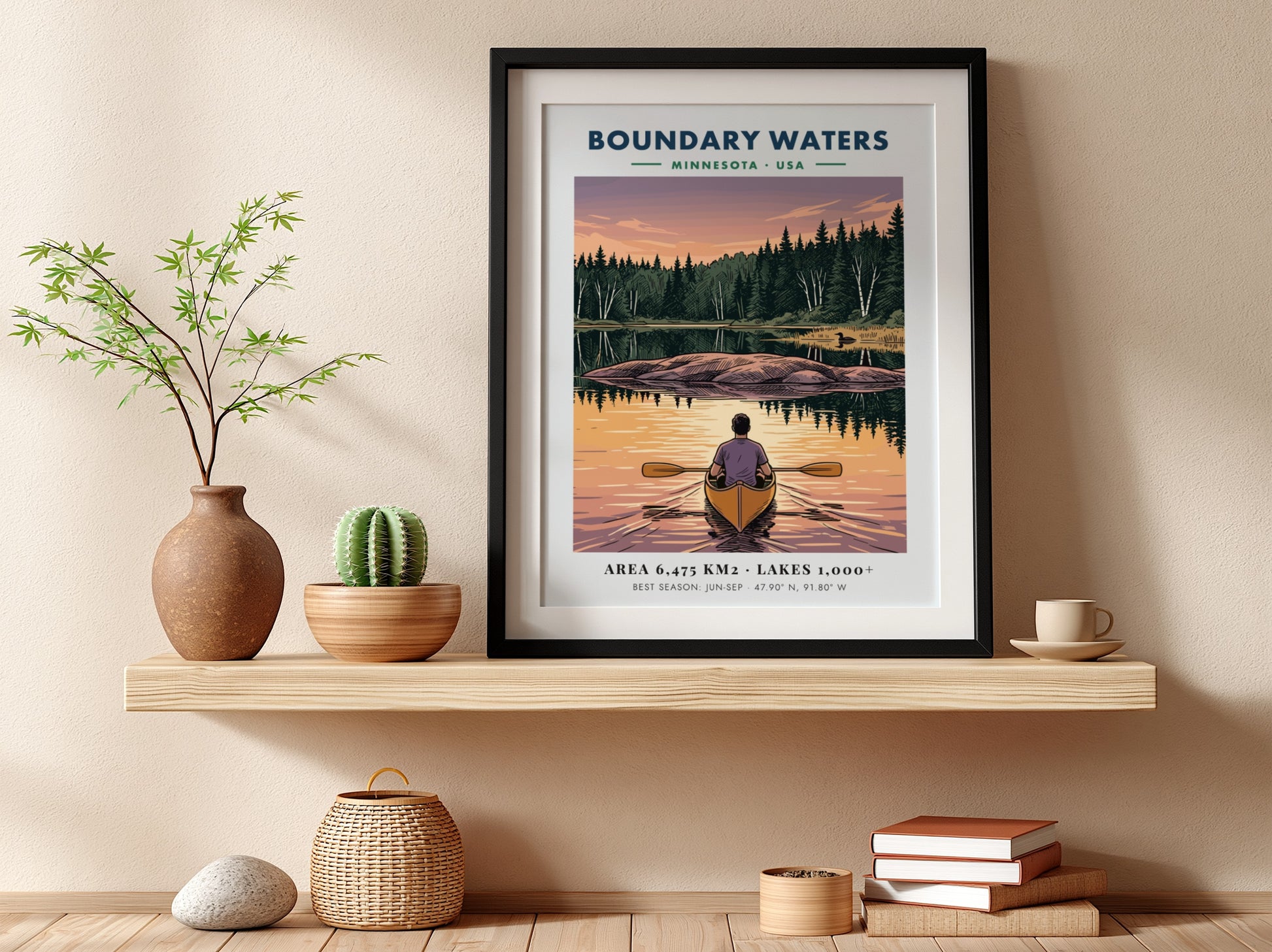 Poster of a lone kayaker paddling toward an island on Boundary Waters Minnesota lake.