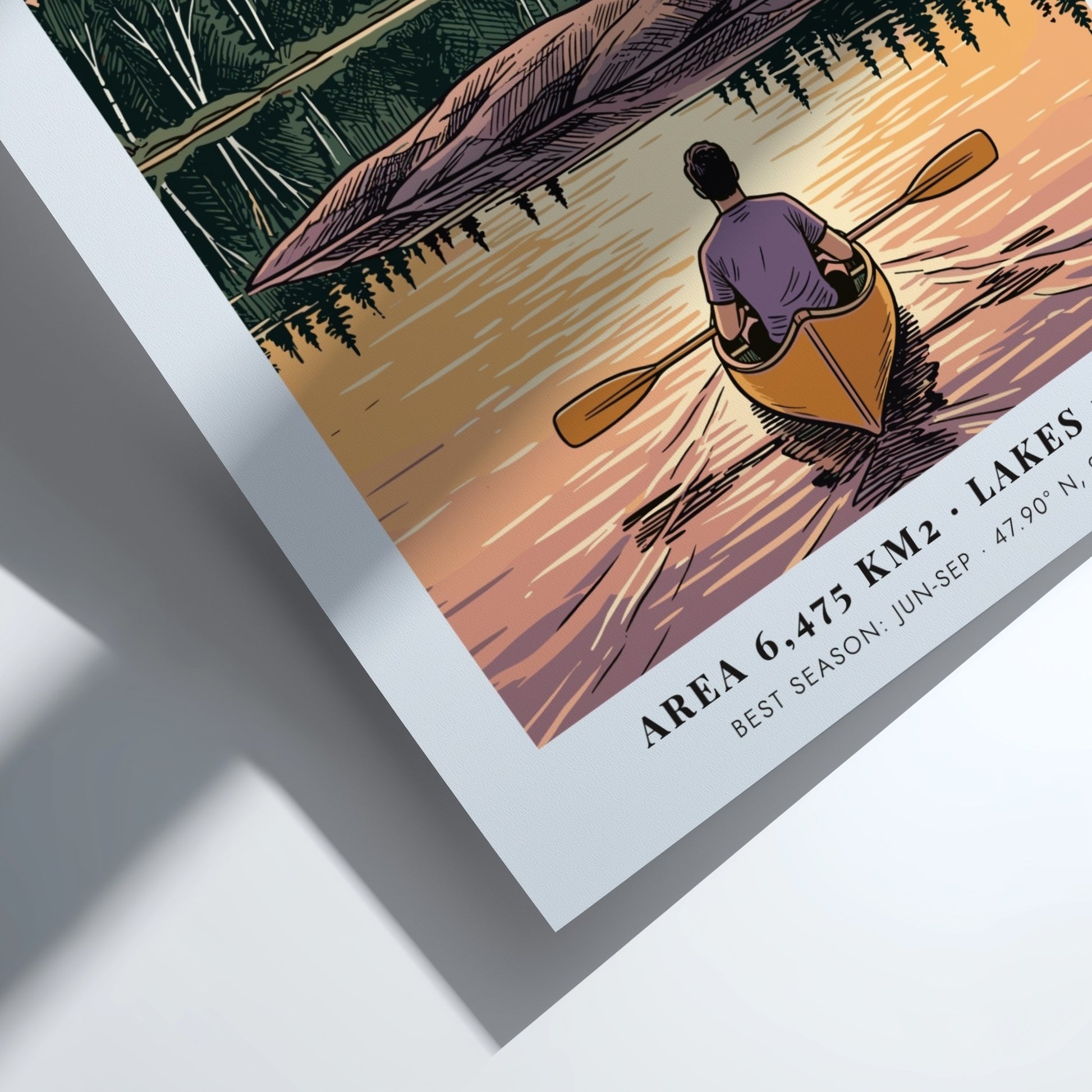 Poster of a lone kayaker paddling toward an island on Boundary Waters Minnesota lake.