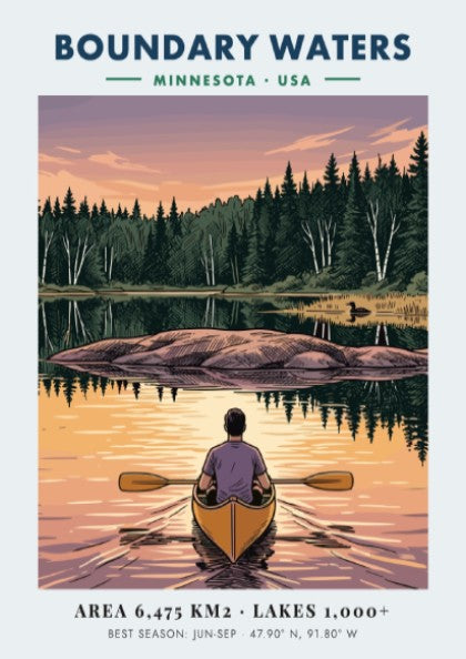 Poster of a lone kayaker paddling toward an island on Boundary Waters Minnesota lake.