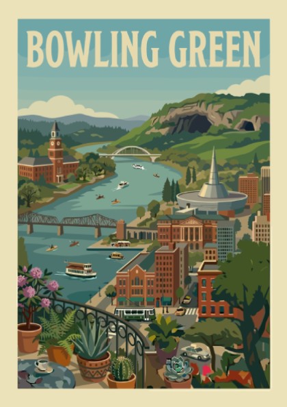Retro illustration poster of Bowling Green cityscape with river, buildings, and hills.