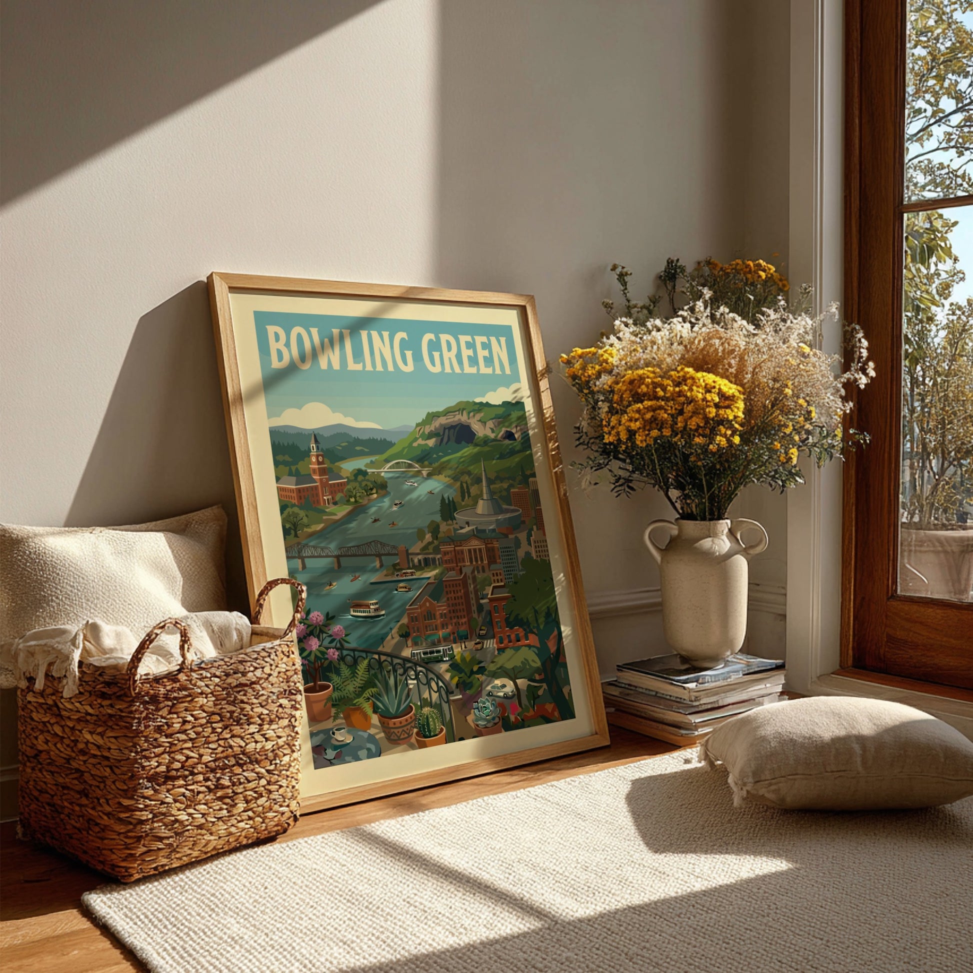 Retro illustration poster of Bowling Green cityscape with river, buildings, and hills.