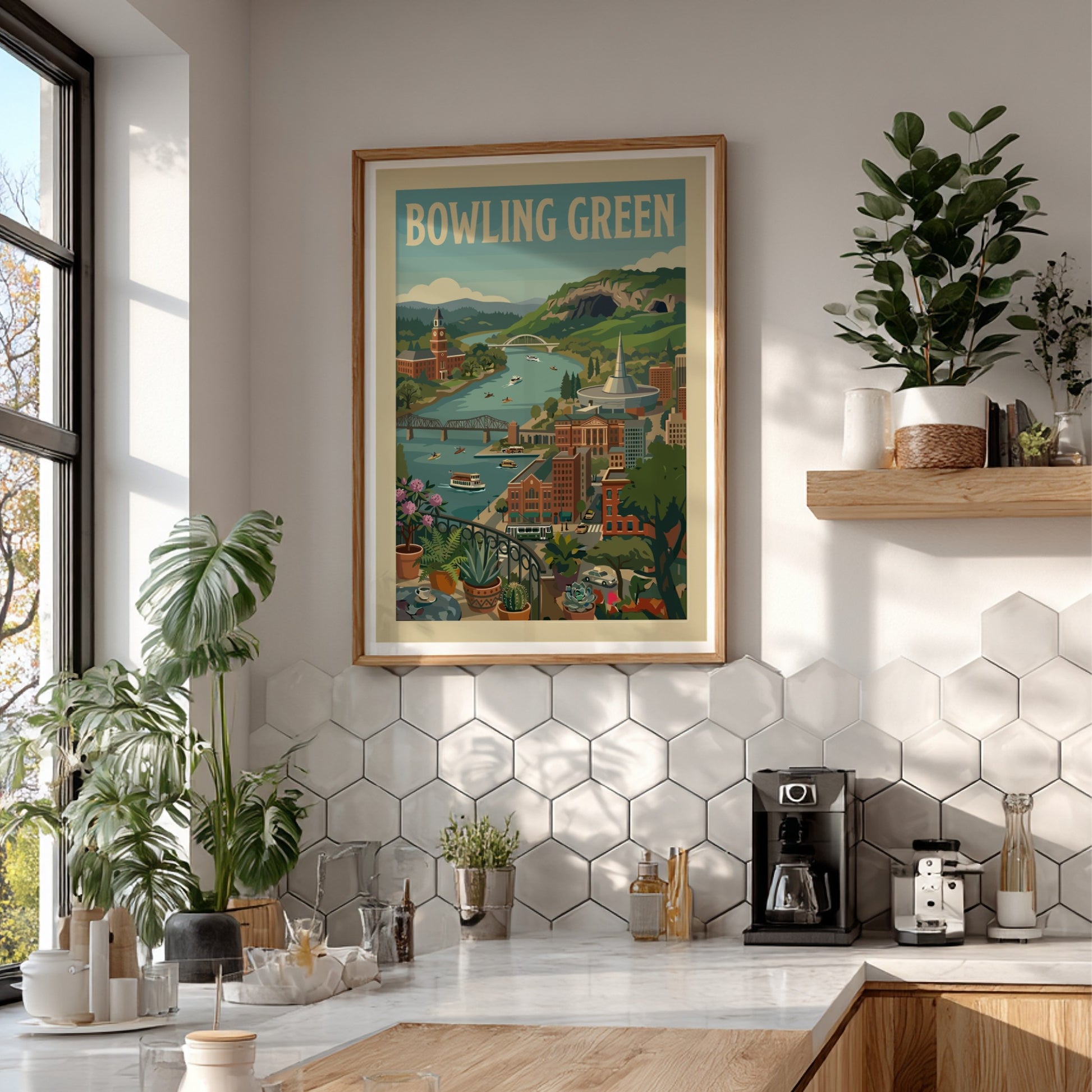 Retro illustration poster of Bowling Green cityscape with river, buildings, and hills.