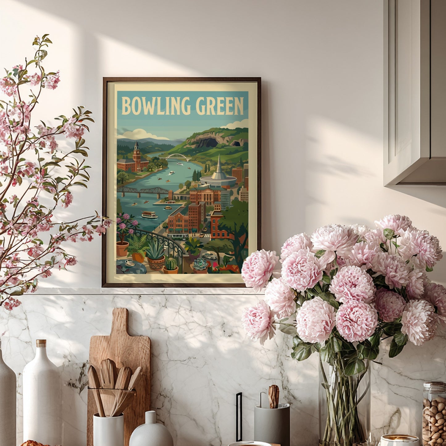 Retro illustration poster of Bowling Green cityscape with river, buildings, and hills.