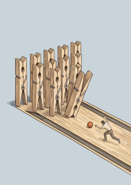 Poster featuring a man bowling with wooden clothespins on a polished wooden floor