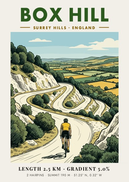 Poster of a cyclist climbing the winding roads of Box Hill in Surrey Hills.