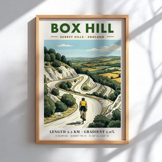 Poster of a cyclist climbing the winding roads of Box Hill in Surrey Hills.