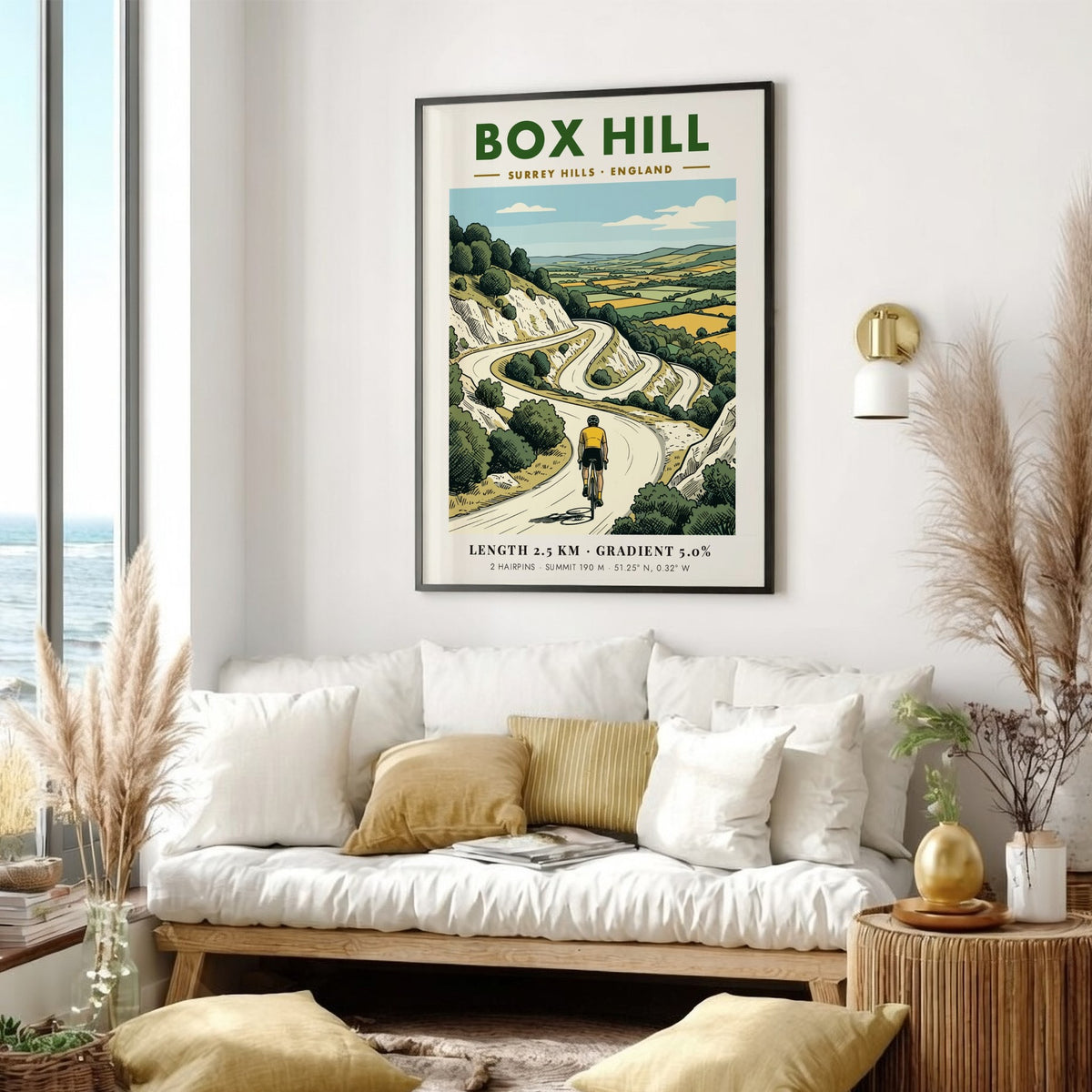Poster of a cyclist climbing the winding roads of Box Hill in Surrey Hills.