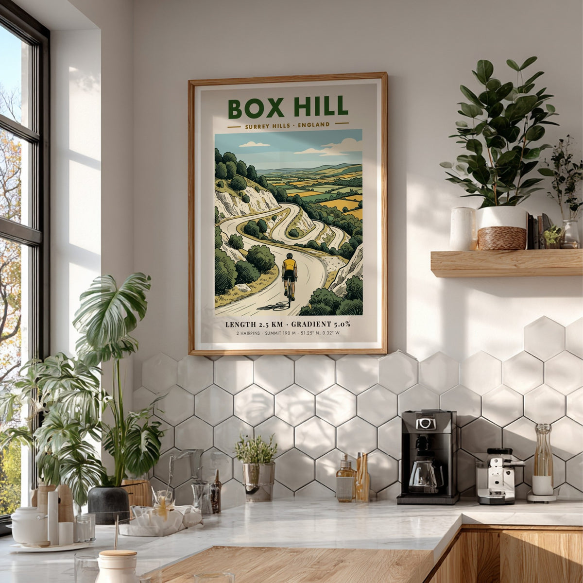 Poster of a cyclist climbing the winding roads of Box Hill in Surrey Hills.