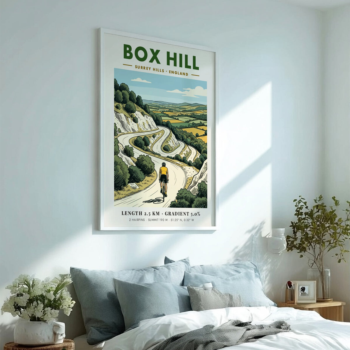 Poster of a cyclist climbing the winding roads of Box Hill in Surrey Hills.